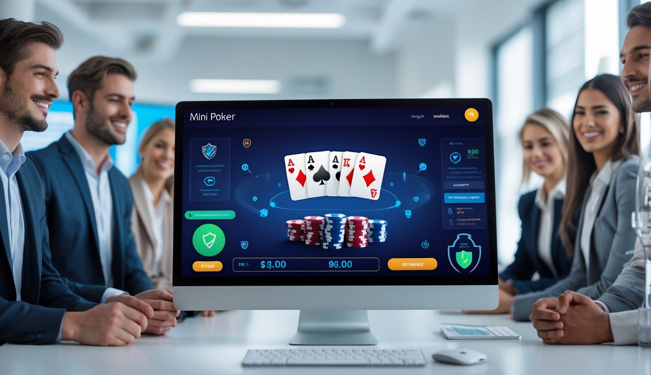 Sebuah ruangan kantor modern dengan layar komputer menampilkan permainan mini poker, dikelilingi oleh sekelompok profesional muda yang tersenyum dan menunjukkan suasana percaya dan adil.