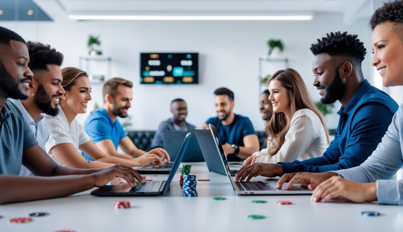 Sekelompok orang bermain mini poker secara online menggunakan laptop, tablet, dan ponsel di lingkungan yang terang dan bersih.
