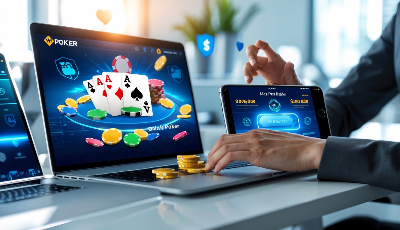 Seorang pengguna sedang bermain mini poker online di laptop dan smartphone di meja kerja yang rapi dengan latar kantor yang terang.