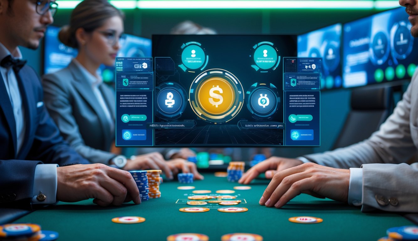 Meja poker dengan chip dan kartu, layar komputer menampilkan grafik lisensi internasional, suasana ruang permainan yang profesional.