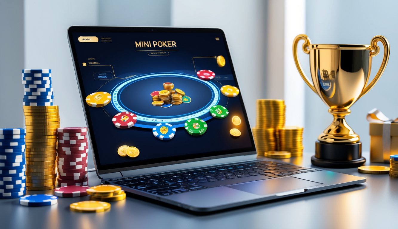 Sebuah perangkat digital menampilkan permainan poker mini dengan tumpukan chip dan kartu, serta simbol hadiah dan cashback di sekitarnya.