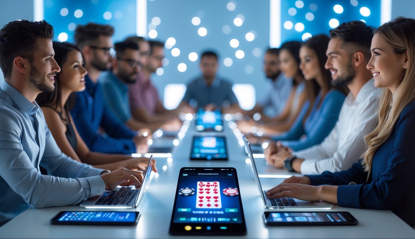 Sekelompok orang bermain poker online di meja modern dengan layar digital dan perangkat elektronik di ruangan terang.