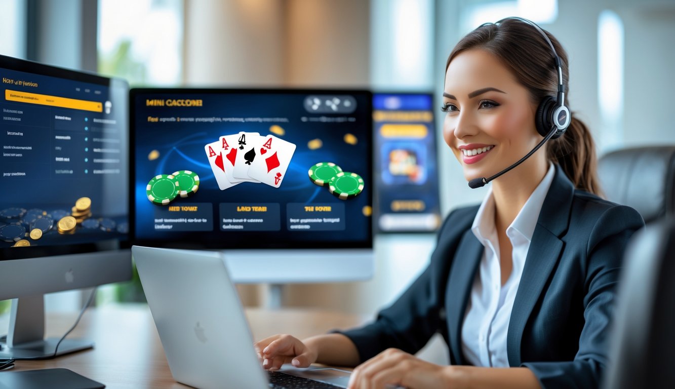 Seorang perwakilan layanan pelanggan menggunakan headset duduk di depan laptop dengan tampilan permainan poker, di ruang kantor modern yang terang.