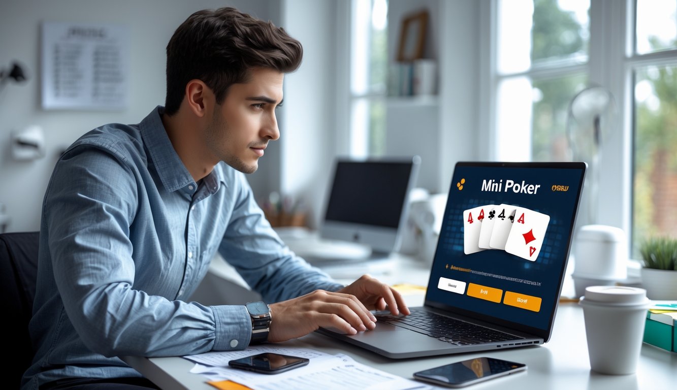 Seorang pria muda duduk di meja kerja menggunakan laptop dengan tampilan permainan mini poker, di ruang kerja rumah yang terang dan rapi.