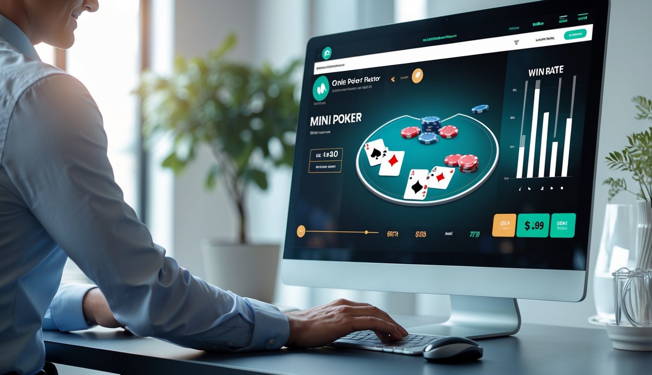 Seorang pengguna sedang bermain permainan mini poker di komputer di sebuah kantor dengan pencahayaan alami dan suasana profesional.