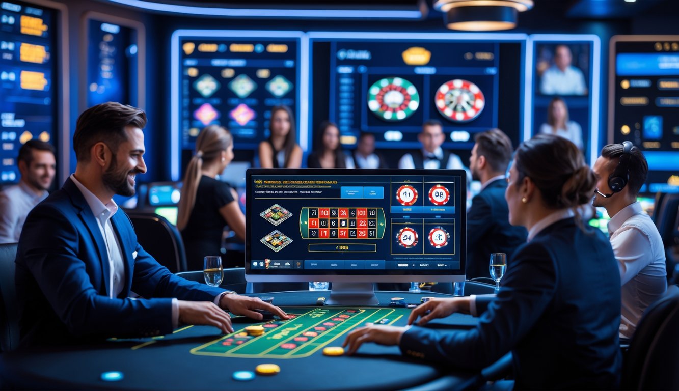 Orang-orang sedang bermain permainan dealer langsung di platform kasino online dengan suasana profesional dan modern.