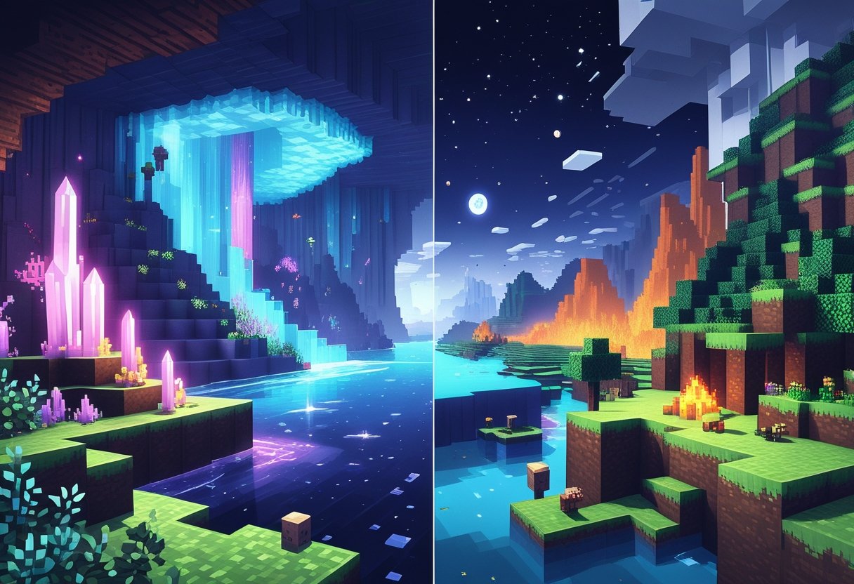 A colourful Minecraft scene showing different new worlds including glowing caves, fiery lava areas, and varied outdoor landscapes with trees, mountains, and rivers.