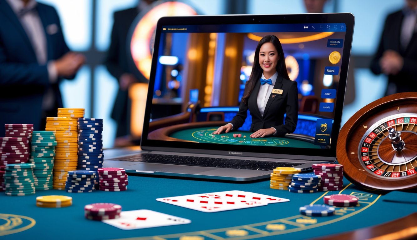 Seorang dealer kasino langsung tampil di layar komputer dengan chip poker dan kartu di meja di sekitarnya.