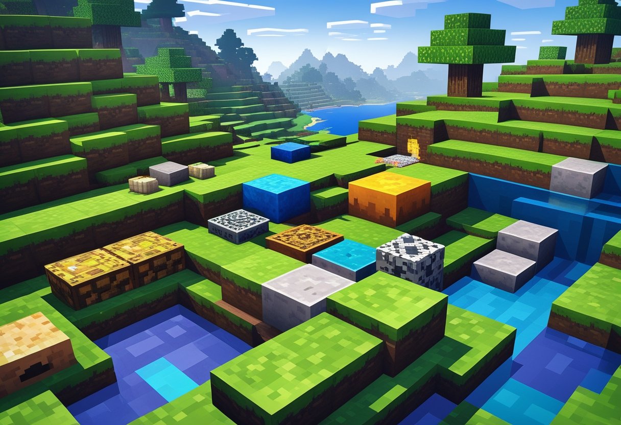 A Minecraft landscape showing new blocks and materials from the latest game update, featuring various colourful and textured blocks set in a natural environment with trees and water.
