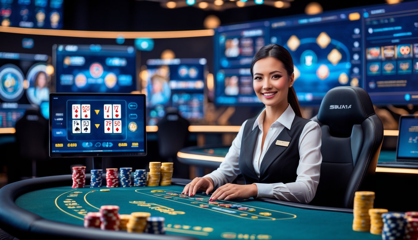 Seorang dealer kasino profesional sedang memimpin permainan langsung di studio kasino modern dengan layar menampilkan permainan kasino secara real time.