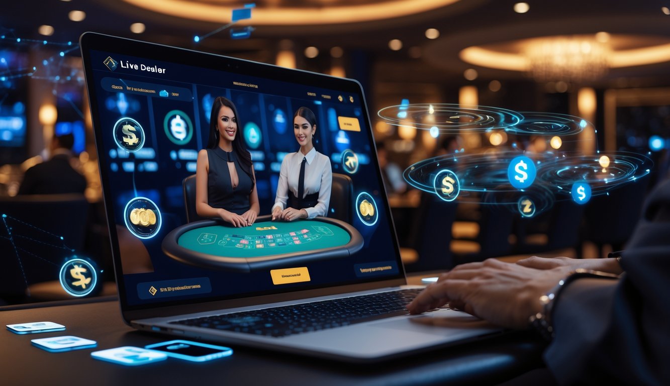 Seorang dealer kasino langsung di layar komputer dengan ikon transaksi cepat di sekitarnya, menggambarkan platform kasino online.