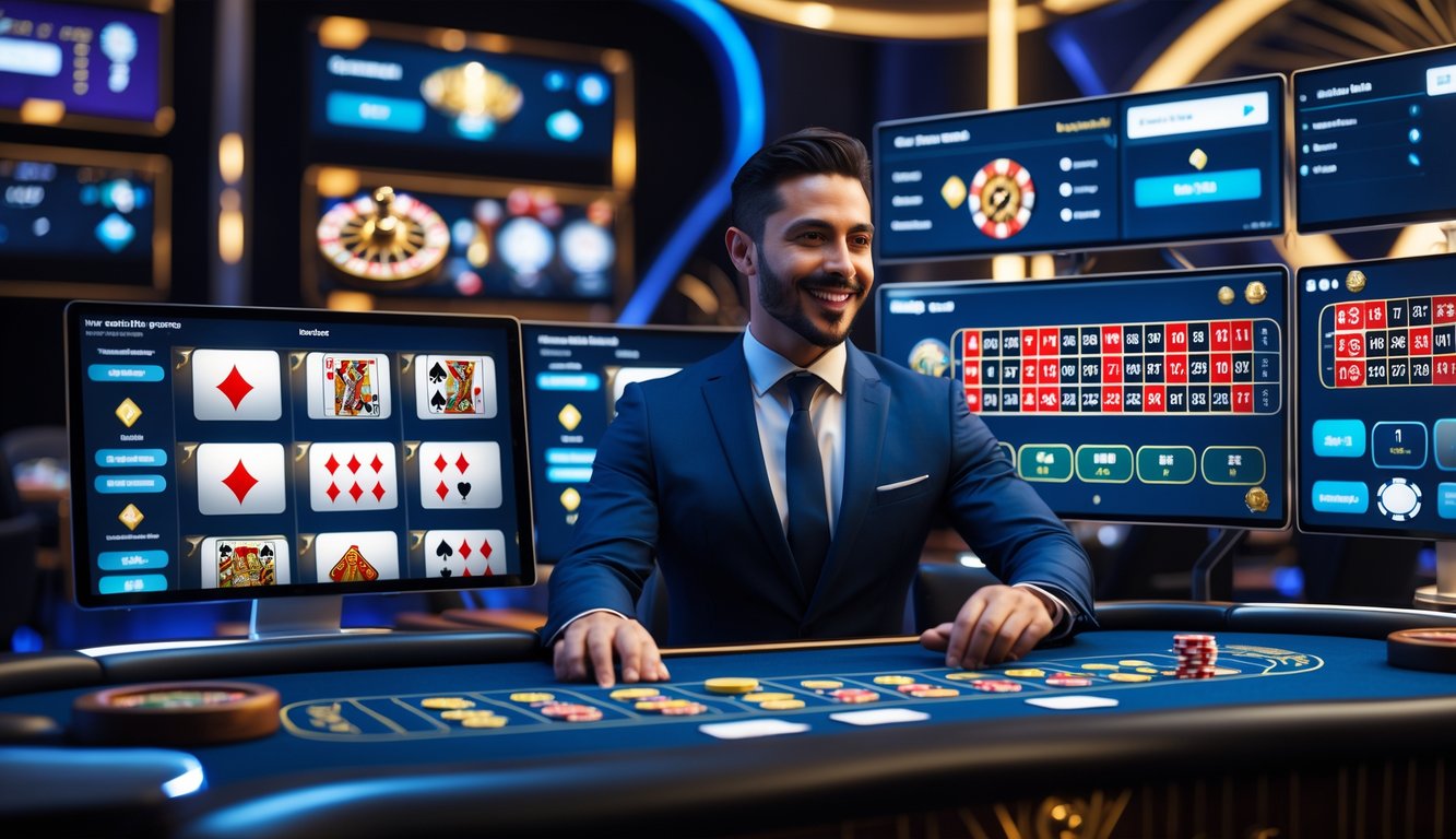 Seorang dealer kasino langsung yang profesional sedang mengelola permainan dengan layar komputer dan peralatan kasino di sekitarnya.