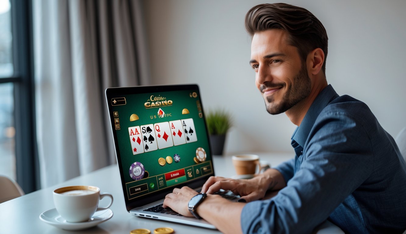 Seorang pria sedang bermain permainan live dealer kasino online di laptop di ruangan yang terang dan rapi.