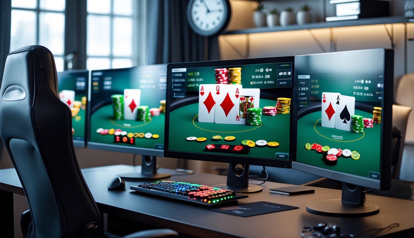 Sebuah ruang permainan poker online dengan komputer menampilkan meja poker digital dan chip poker warna-warni.