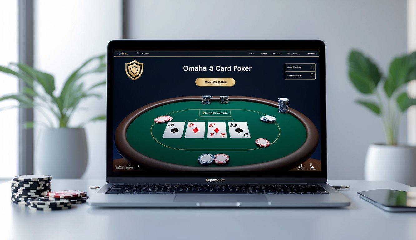Tampilan meja poker virtual Omaha 5 kartu di layar komputer dengan tumpukan chip dan kartu, menunjukkan suasana permainan poker online yang terpercaya dan adil.