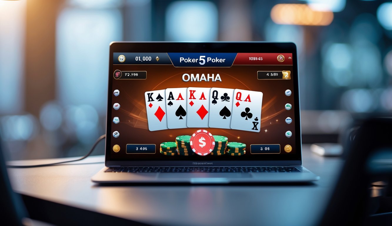 Layar komputer menampilkan permainan poker Omaha 5 kartu dengan suasana modern dan profesional.