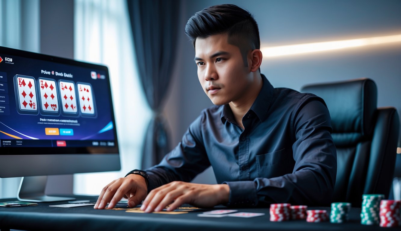Seorang pemain poker profesional Indonesia sedang bermain poker Omaha 5 kartu secara online dengan fokus di depan komputer.