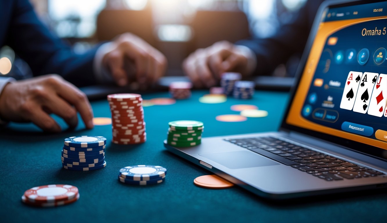 Tampilan antarmuka platform poker online Omaha 5 kartu dengan meja poker digital, kartu, dan tumpukan chip poker.