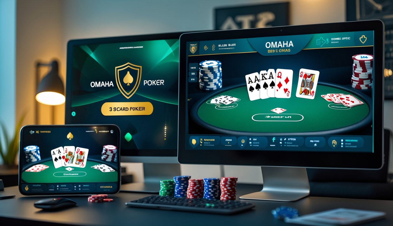 Sebuah tampilan komputer dan ponsel yang menampilkan permainan poker Omaha 5 kartu dengan tumpukan chip poker di meja, suasana ruangan rapi dan terang.