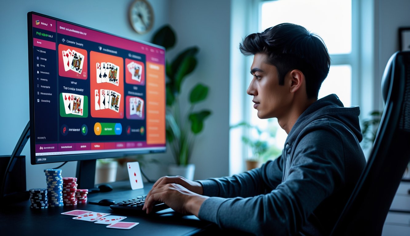 Seorang dewasa muda duduk di meja kerja dengan komputer yang menampilkan permainan poker online, suasana ruangan nyaman dan terang.