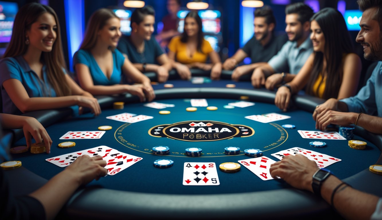 Meja poker online Omaha 5 kartu dengan banyak pemain yang sedang bermain secara aktif.