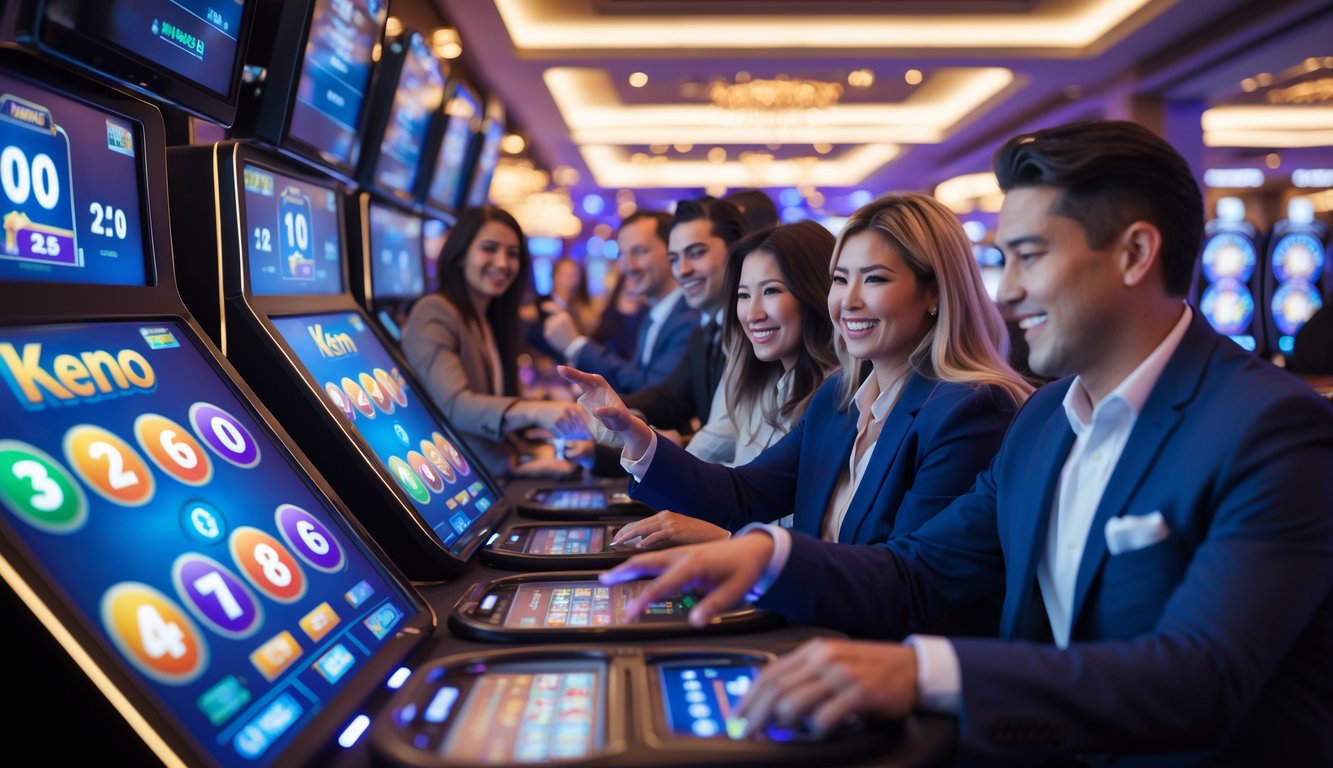Suasana kasino live dengan pemain yang sedang bermain permainan Keno menggunakan perangkat digital di lingkungan kasino yang terang dan modern.