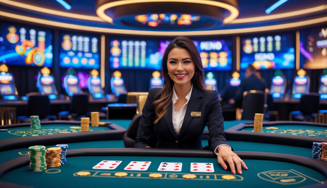 Seorang dealer profesional sedang menjalankan permainan Keno langsung di meja kasino dengan layar besar di belakangnya.