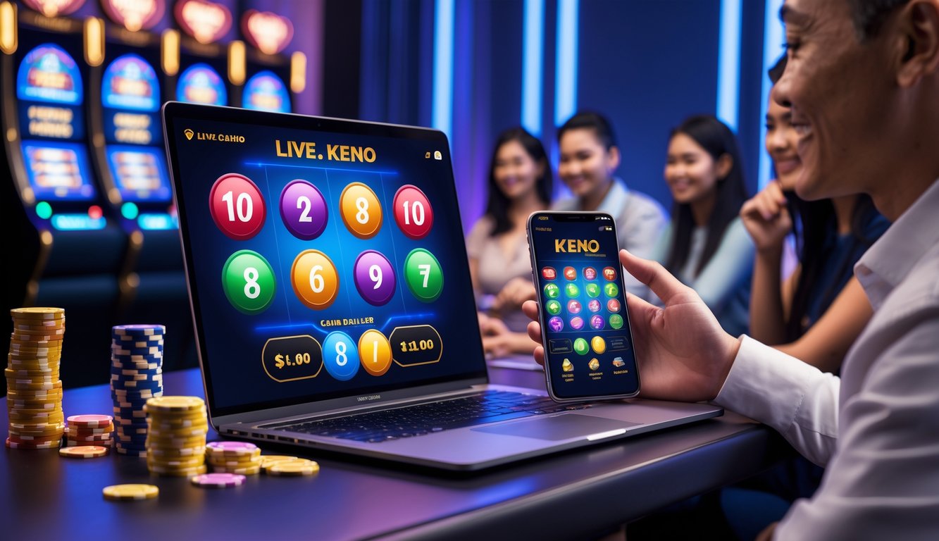 Orang-orang sedang bermain permainan Casino Keno secara online menggunakan laptop dan ponsel di ruangan dengan dekorasi bertema kasino.