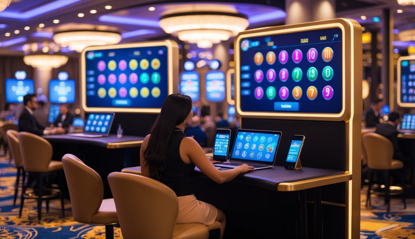 Suasana kasino langsung dengan dealer dan pemain yang bermain permainan keno menggunakan perangkat digital di lingkungan kasino modern.