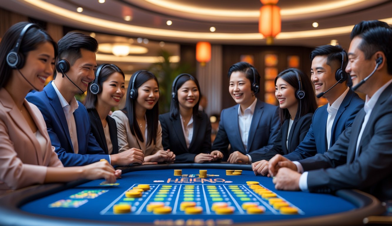 Suasana kasino langsung Asia dengan pemain dan dealer sedang bermain permainan Keno secara online.