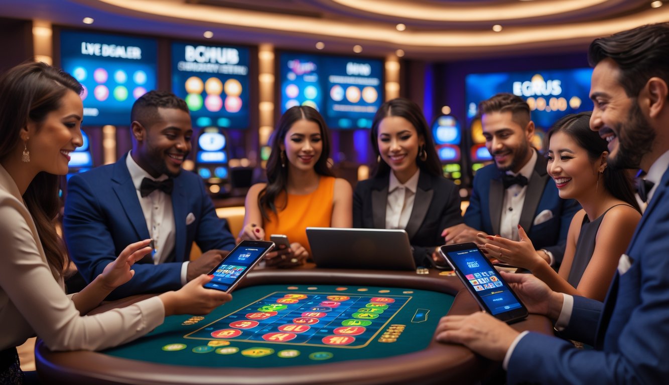 Beberapa orang bermain Keno online langsung di kasino dengan dealer yang ramah dan suasana yang ceria.