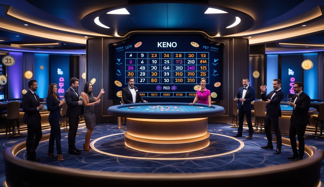 Suasana kasino langsung dengan meja Keno, dealer profesional, dan pemain yang sedang bermain dengan fokus.