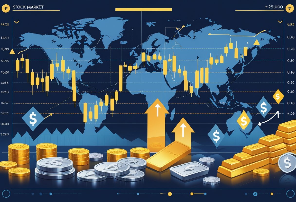 An illustration showing stock market graphs connected by arrows to gold bars and silver coins, representing the relationship between stock market performance and precious metals pricing.