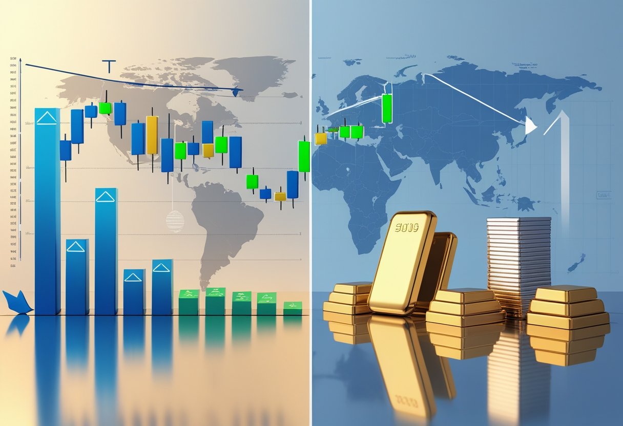 An illustration showing a stock market graph on one side and gold bars and silver coins on the other, connected by arrows and icons representing economic factors.