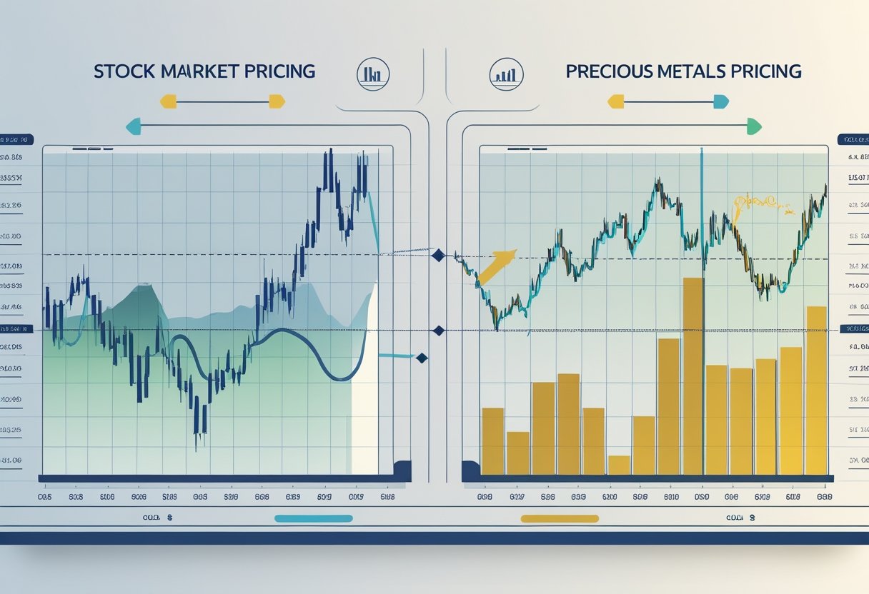 An illustration showing two connected graphs, one of stock market performance and one of precious metals prices, with arrows indicating their relationship.