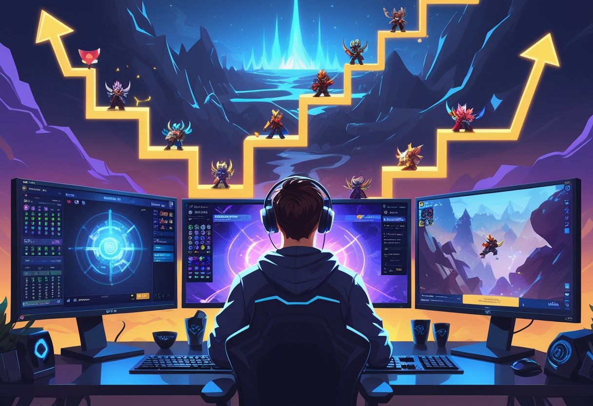 A focused gamer at a computer with multiple screens showing a fantasy game map and characters, surrounded by symbols of teamwork and progress leading upward.
