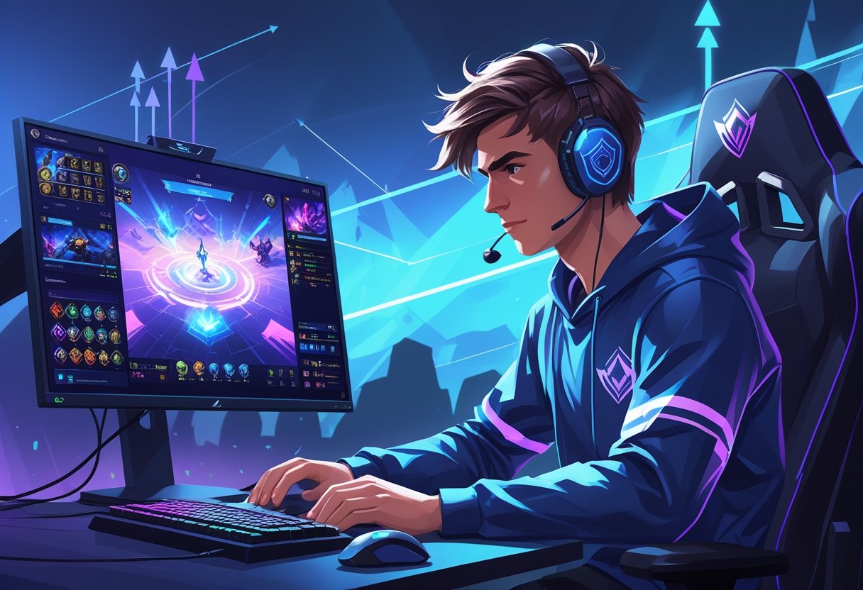 An esports player focused at a gaming setup with a League of Legends game scene and a strategic map overlay, symbolizing skill and ranking progression.