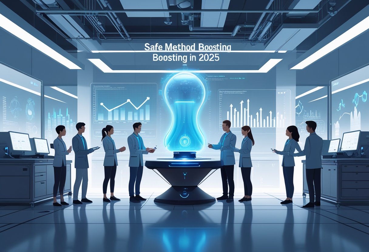 A group of engineers working together on a high-tech device in a futuristic lab with holographic charts showing positive trends.