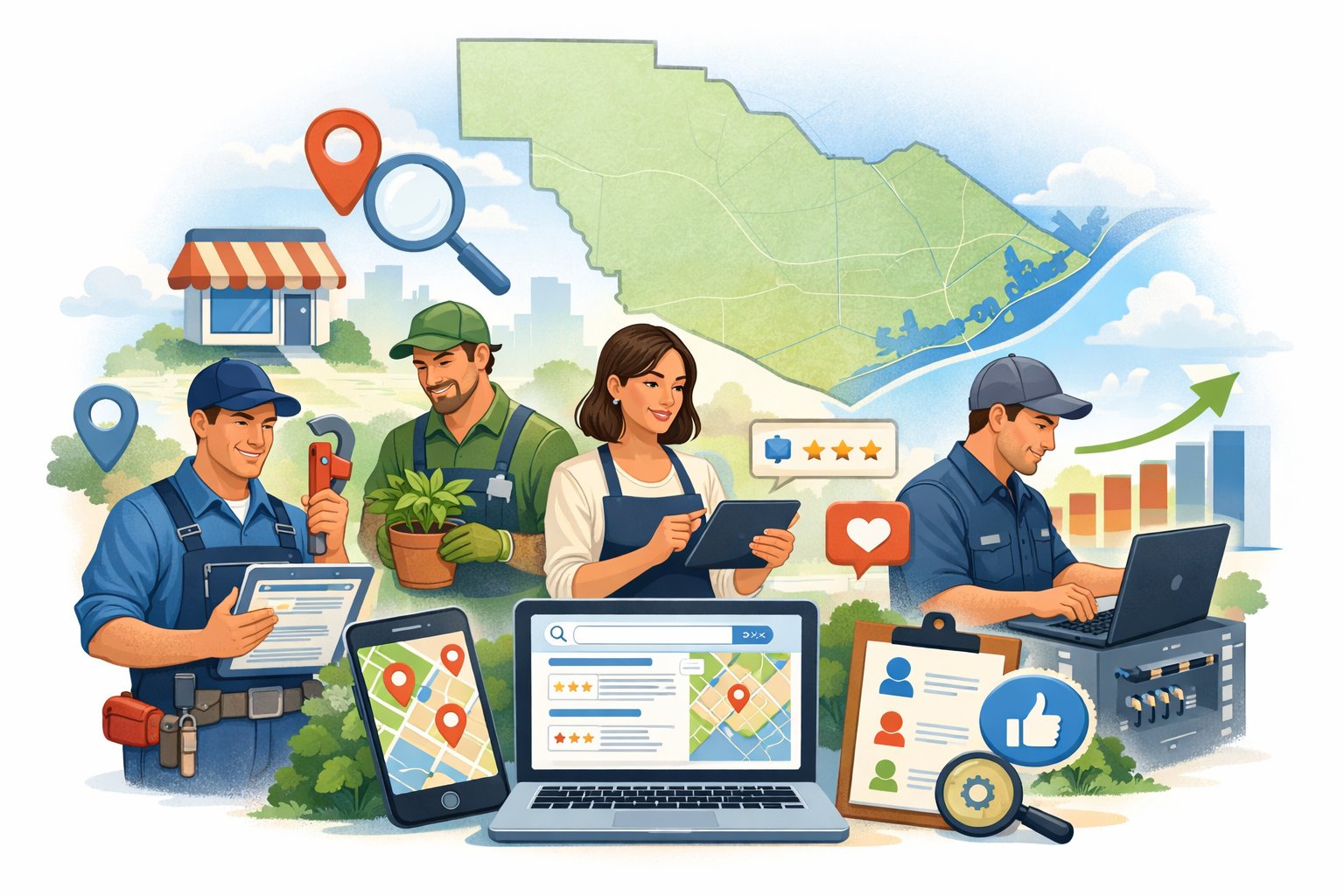 Illustration showing service professionals around a map of Brazoria County with symbols of local SEO like location pins, search results, mobile devices, and growth charts.
