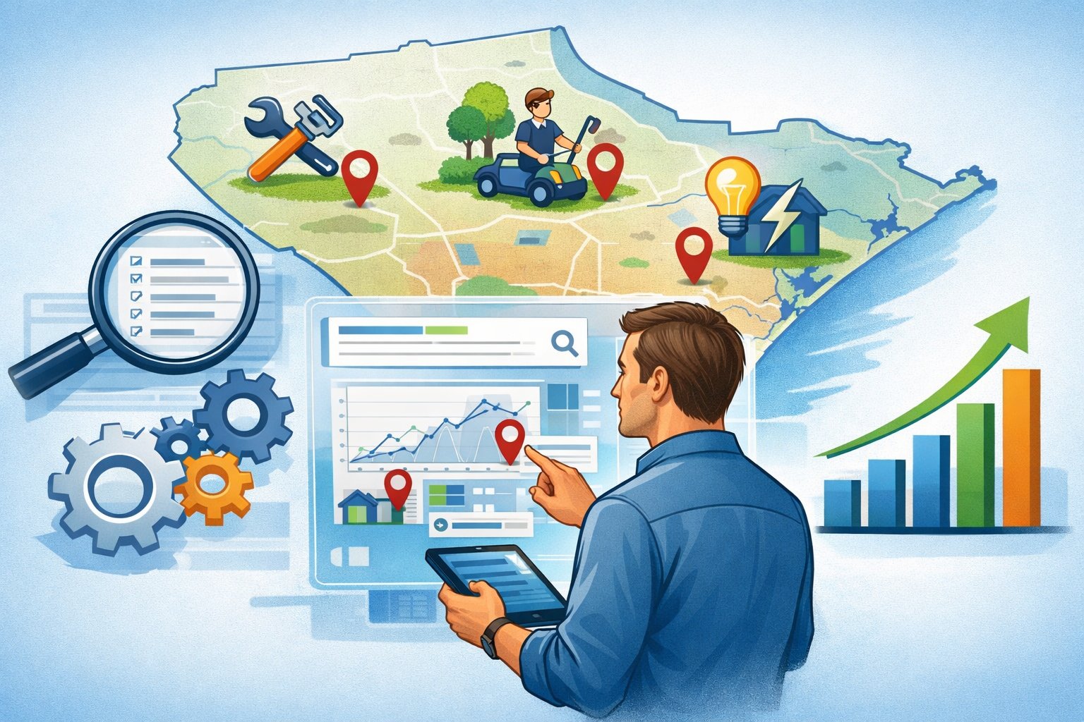 A business owner reviewing digital data and a map of Brazoria County with icons representing local service industries and symbols of SEO and growth.