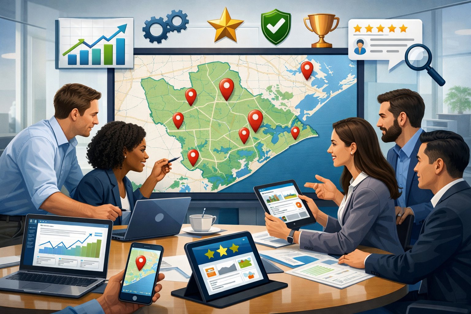 A group of professionals collaborating around a digital map of Brazoria County with icons representing local businesses, charts, and technology devices in a modern office setting.