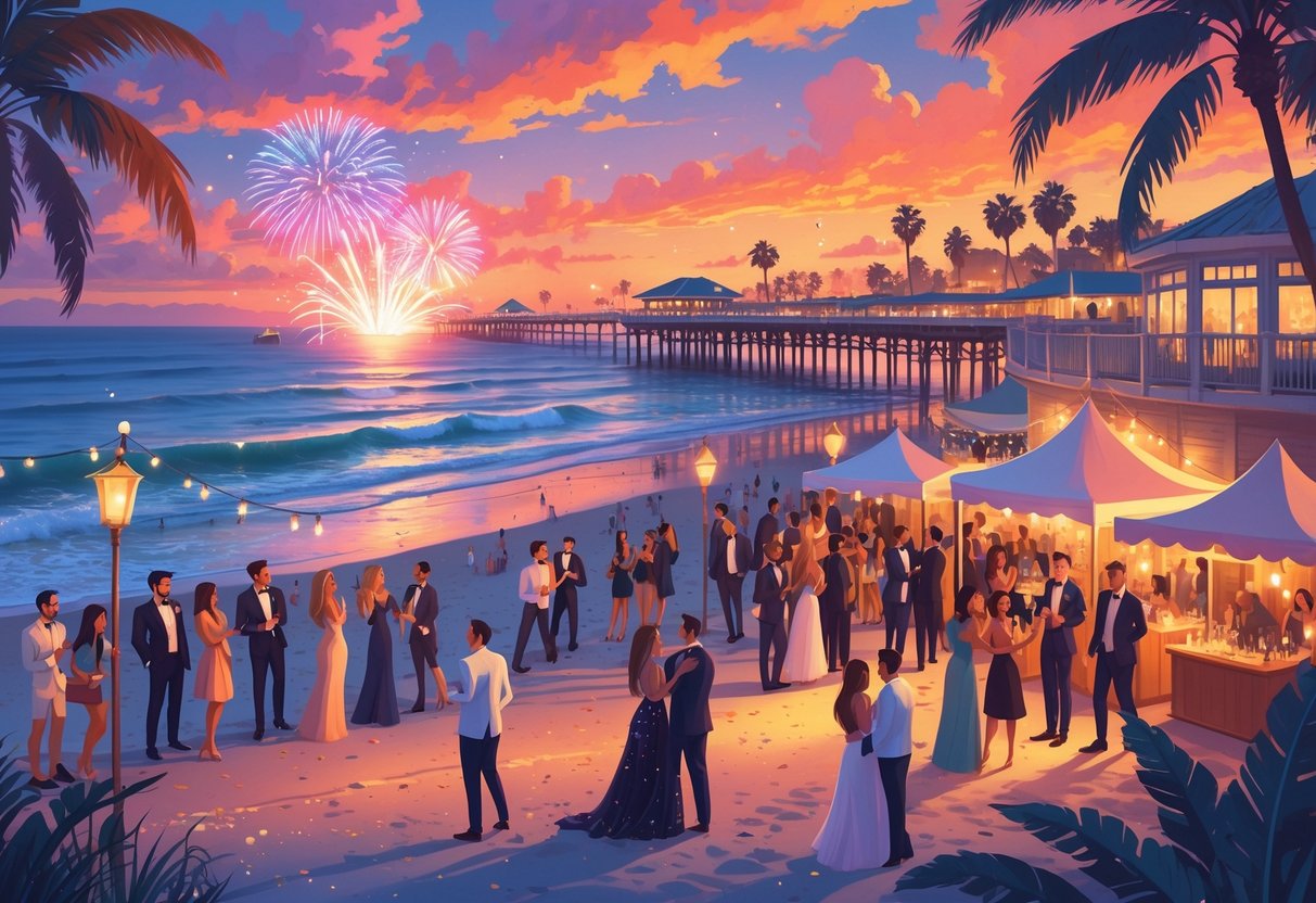 People celebrating new year's eve on a beach at sunset with fireworks over a pier and palm trees nearby.