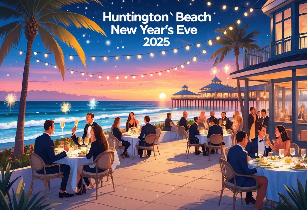 A lively beachfront scene at sunset with outdoor dining areas, people enjoying meals and celebrating near the ocean and a pier, decorated for new year's eve.