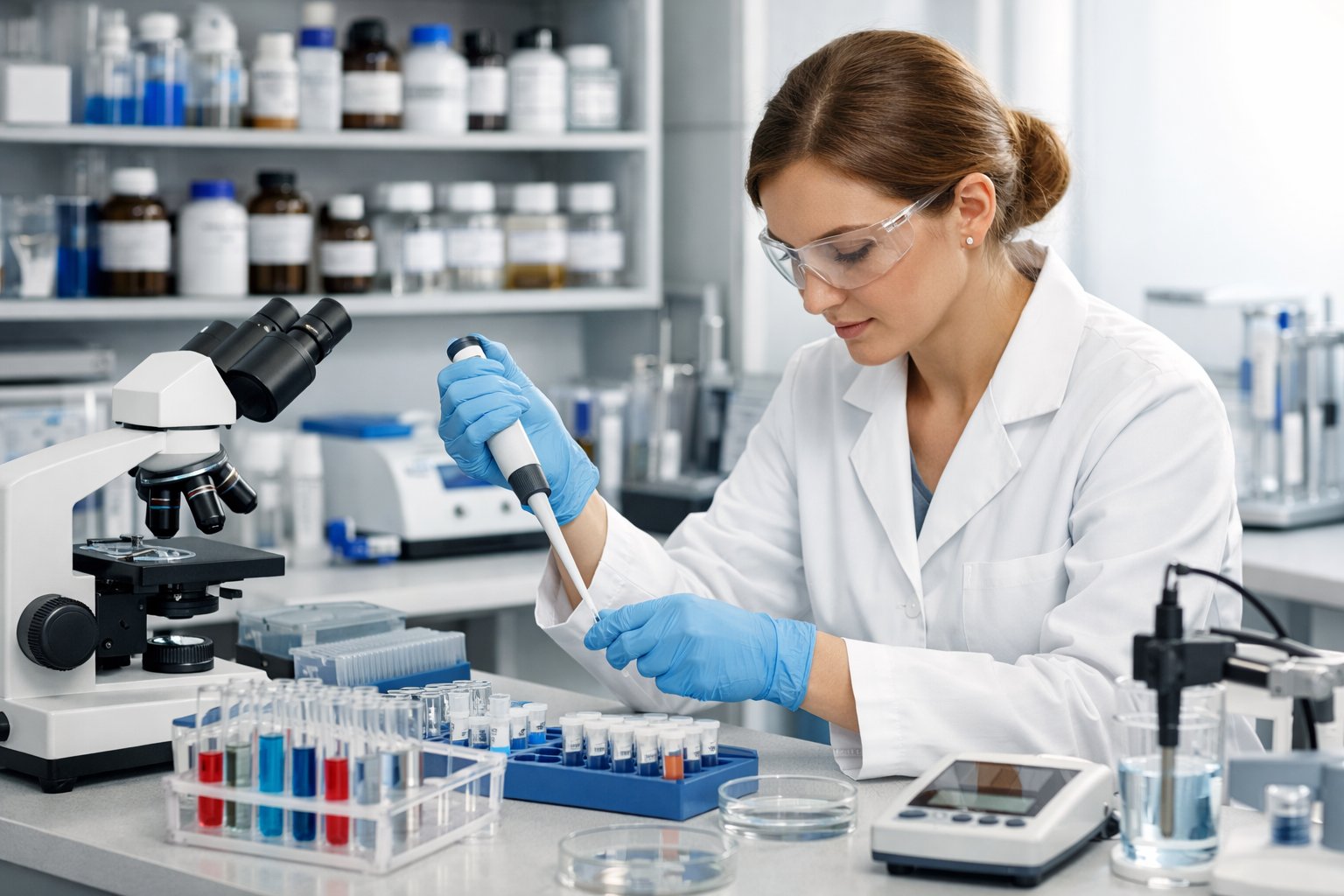 A laboratory technician in a white coat working with scientific instruments in a small, organized laboratory showing that ISO 17025 for small laboratories is achievable. 