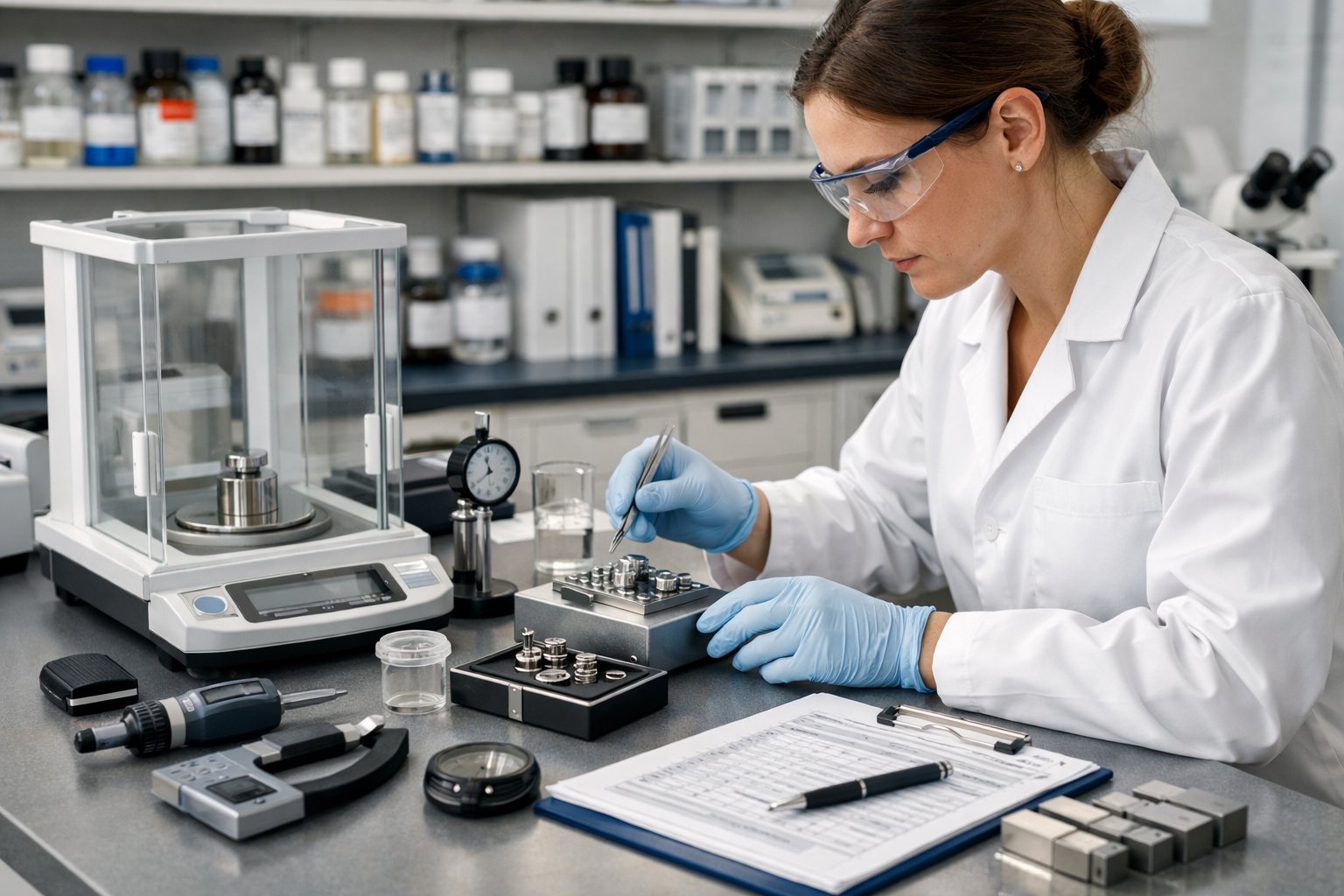 A laboratory technician in a white coat working with testing equipment in a small, organized laboratory showing that ISO 17025 for small laboratories is achievable. 