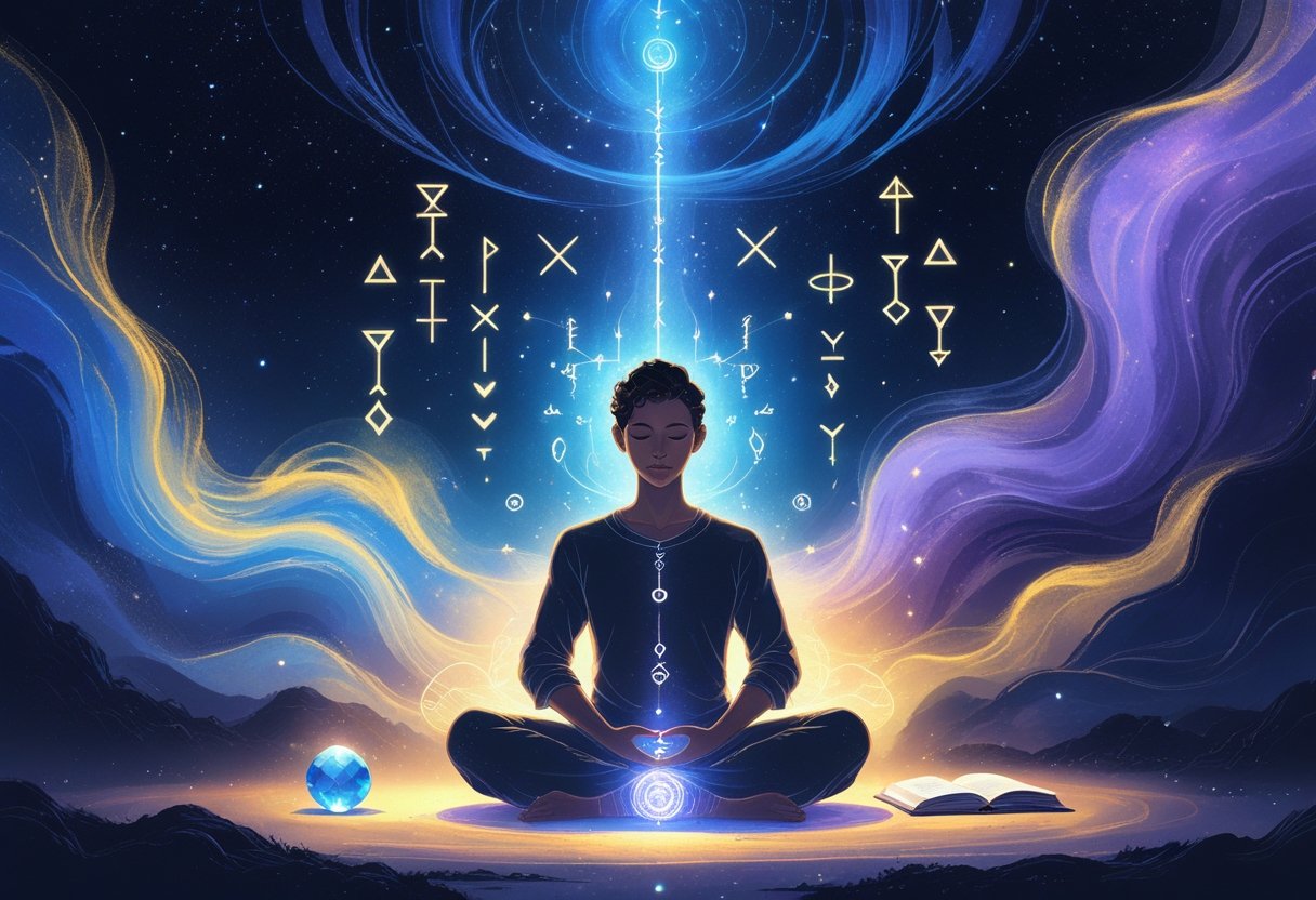 Pessoa sentada em posição de meditação cercada por símbolos místicos flutuantes e um céu estrelado ao fundo, transmitindo uma sensação de mistério e autoconhecimento.