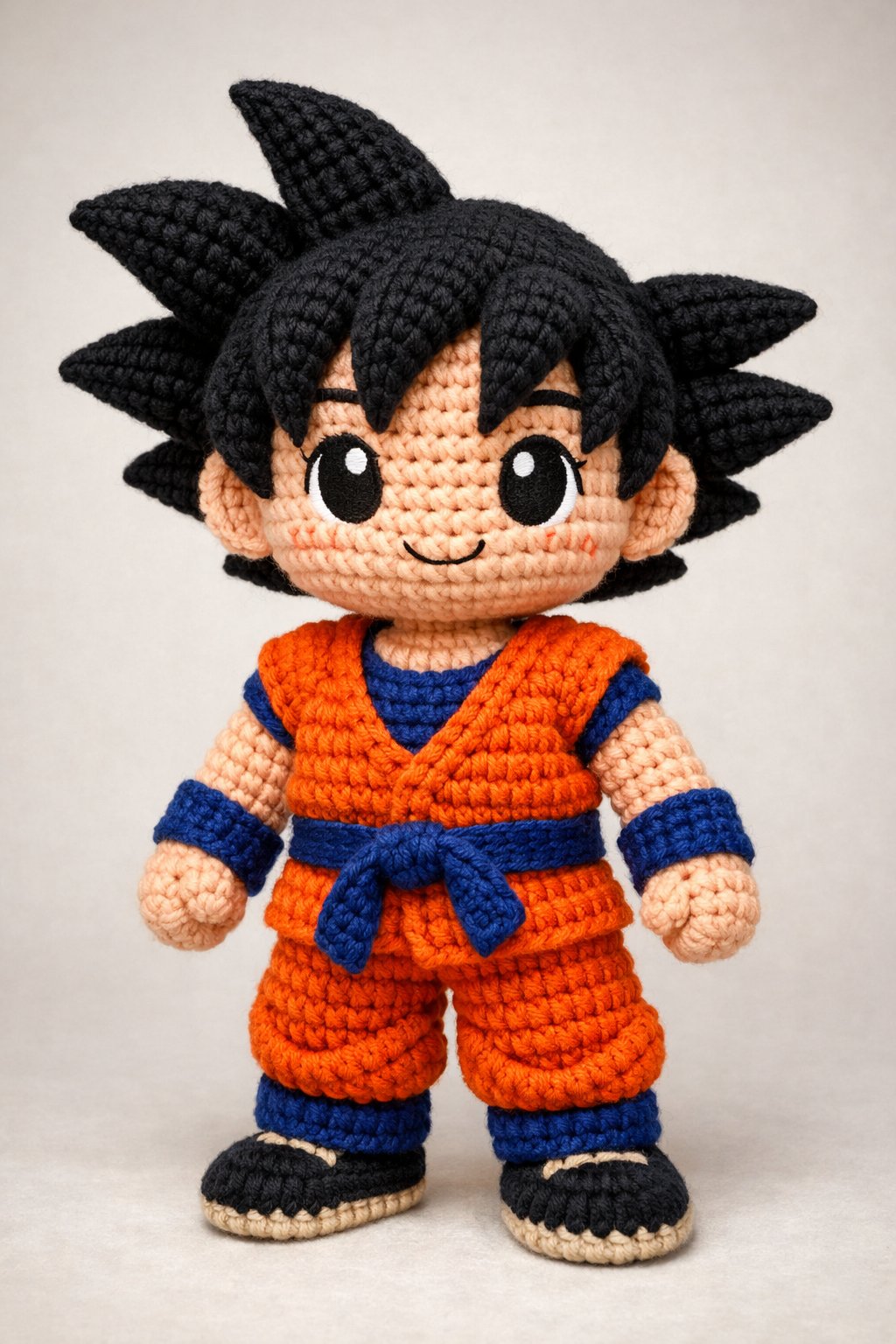 A handmade crochet doll resembling Goku from Dragon Ball, wearing an orange martial arts outfit and standing upright against a plain background.