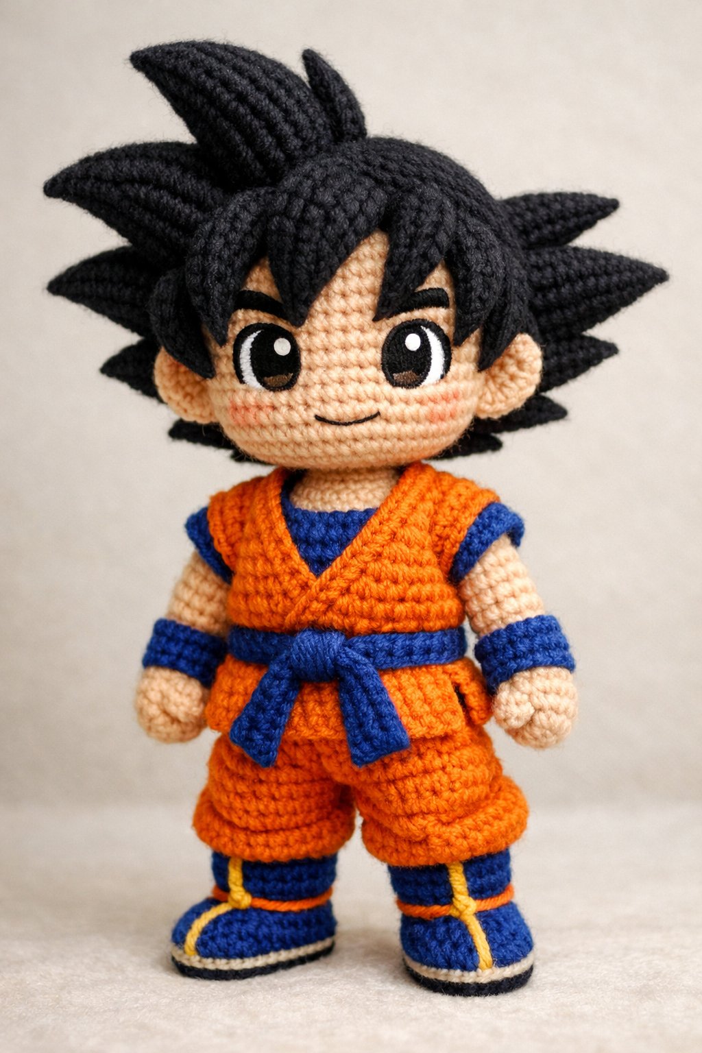 A crocheted doll of Goku from Dragon Ball Z standing upright wearing an orange martial arts outfit.