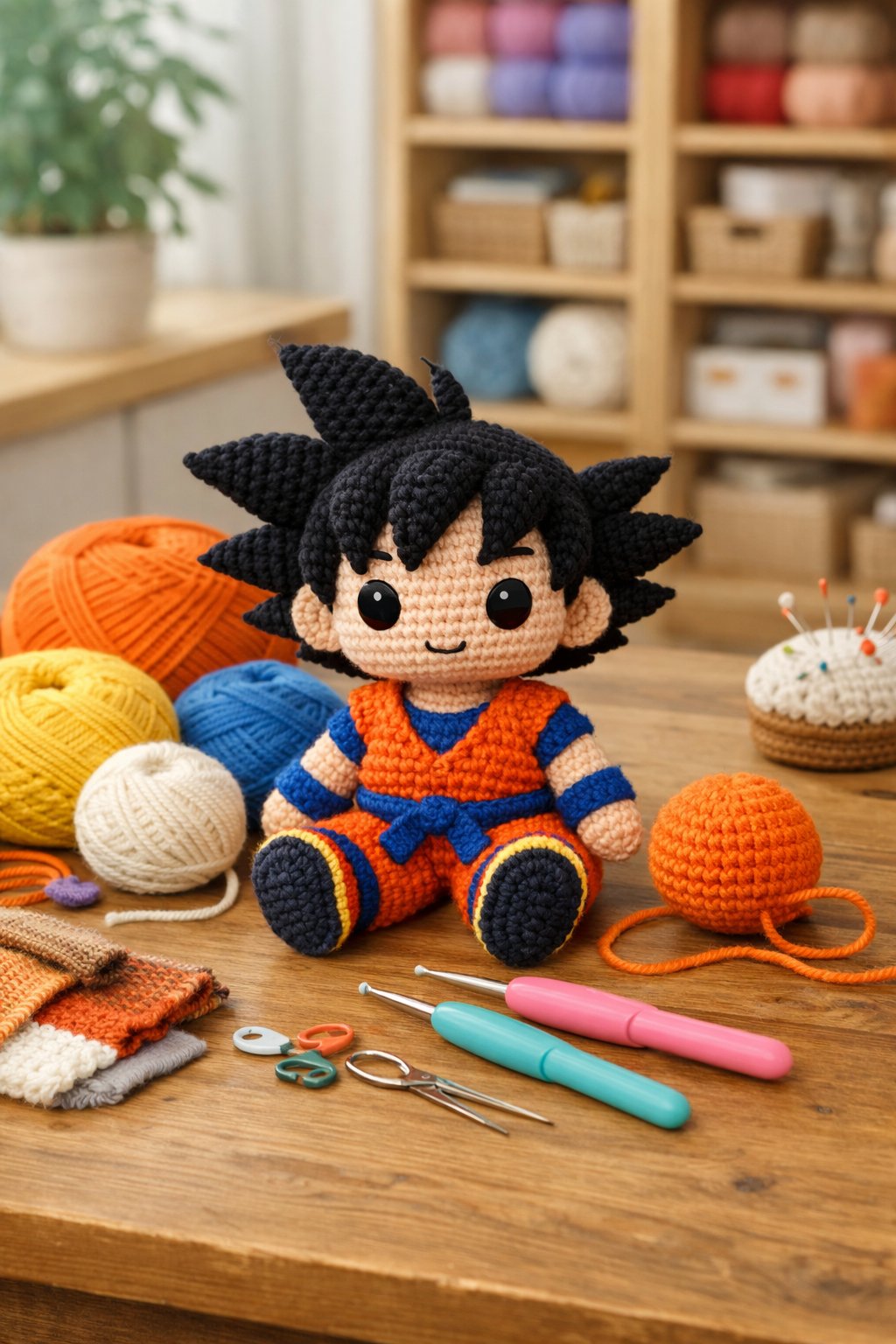 A small crocheted Goku doll sitting on a table surrounded by yarn balls and crochet hooks in a bright crafting workspace.