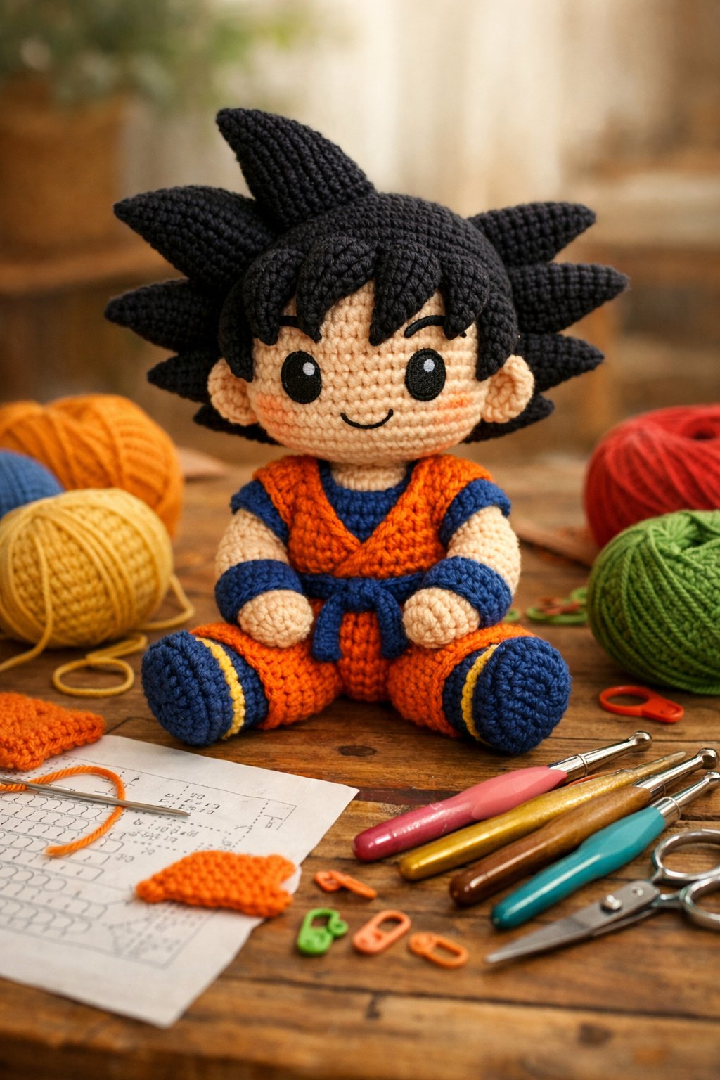 A crocheted Goku doll sitting on a table surrounded by yarn, crochet hooks, and crafting materials.
